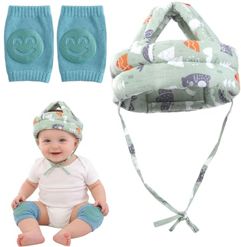 Protezione per la testa del bambino, regolabile, protezione per la testa del bambino, con 1 paio di ginocchiere, zaino per imparare a camminare e gattonare (foresta verde)