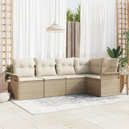CongVVFV 5-teiliges Garten Sofa Set mit Kissen Beige Poly Rattan, Modulares Outdoor Möbel für Terrasse, Wetterfestes Poly Rattan Sofa Set mit Bequemen Sitzkissen, Beige-Weißes