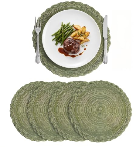 Bekecidi Set de 4 sous-Plats Ronds Tressés Verts Isolants 30 cm Forme Ronde | Résistant à la chaleur, lavable, durable, dessous de table pour cuisine, table à manger, intérieur extérieur