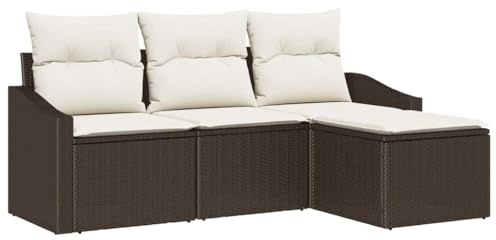 KKgypkn Poly Rattan Sitzgruppe mit Kissen 4-teilig Braun, Garten Sofa Set bestehend aus Zweisitzer, Zwei Armsofas und Hocker mit höhenverstellbarem Tisch