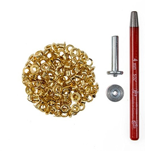 100 Stück Ösen 4 mm rostfrei mit Scheiben + Locheisen & Ösenwerkzeug – Komplettset für Leder, Stoff, Planen, Bastelarbeiten, Outdoor, Zelte, Textilien – beste Qualität (gold)