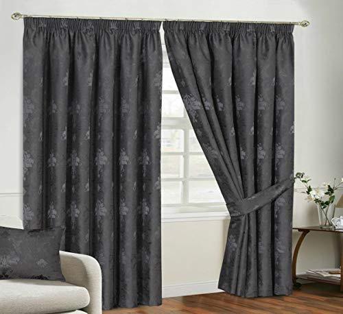 Householdfurnishing Redy Made Luxury Jacquard Fully Lined Curtain Pair Pencil Pleat With Free Tie Backs (Dark Grey Curtain, 66 x L 54)