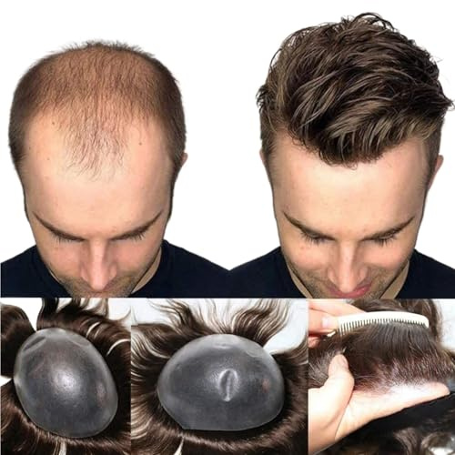 0,06-0,08 mm dünnes Herren-Toupet aus Echthaar, natürlicher Haaransatz, unbehandeltes Haar, Ersatzhaare für Männer, Natürlich (6 * 8, #4)