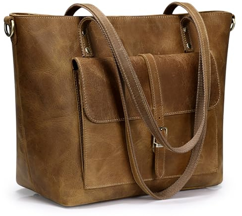S-ZONE Damen Schultertasche Vintage Echtes Leder Groß Shopper Handtasche Henkeltasche Laptoptasche Arbeit Schule Einkaufen Reise | Gepolstertes Laptopfach, abnehmbarer langer Gurt, Gepäckgurt, mehrere Taschen, Reisen im Alltag