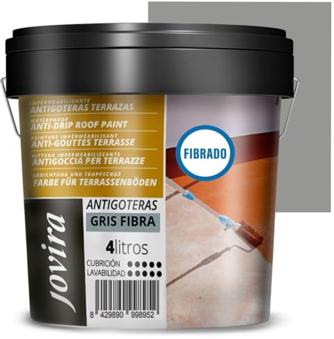 JOVIRA PINTURAS Pittura Impermeabilizzante Antigoccia per Terrazze con Fibra. Evita perdite su tutti i tipi di coperture e terrazze. (4 Litri, Grigio con Fibra)