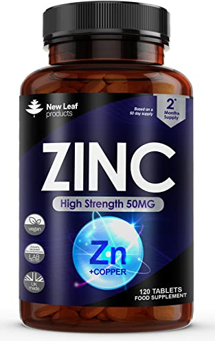 Zinc 50mg High Strength Tablets with Copper, Pure Zinc Supplements Contributes Towards The Immune System, Bone Health and Fertility, Vegan, Non-GMO, Made in UK by New Leaf 120 Tablets