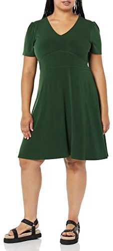 Amazon Essentials Vestido Acampanado Fruncido con Cuello en Pico y Manga Corta Mujer, Verde Oscuro, S