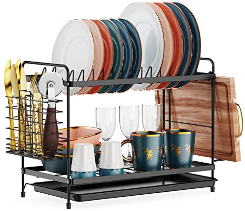 iSPECLE Abtropfständer Geschirr Spüle, 2-stufiger Geschirrkorb mit Utensilienhalter und Schneidebrett-Halterung, platzsparend für kleine Küchen, Schwarz