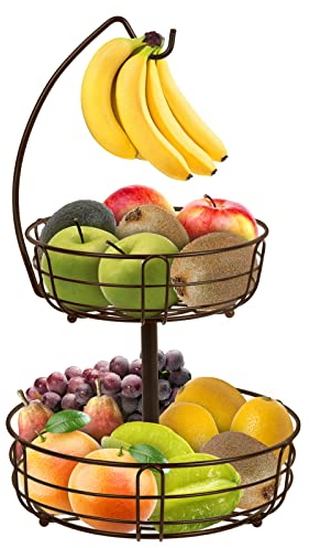 Bomclap Obst Etagere - 2 Etagen Obstkorb mit Bananenhalte - Abnehmbare Obstschale aus Metall - Küche Stehend Obstschalen - Dekorativer Obstkörbe für Obst Gemüse Brot Snacks - Bronze