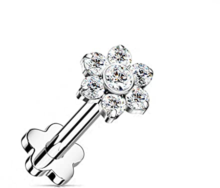 Paula & Fritz® Push-In Labret Piercing Silber Zirkonia Klar Titan-IUM Grade 23 Kugel Piercing Mehrfarbig 1,2-mm Stab-Dicke Blüten-Sockel Madonna Medusa