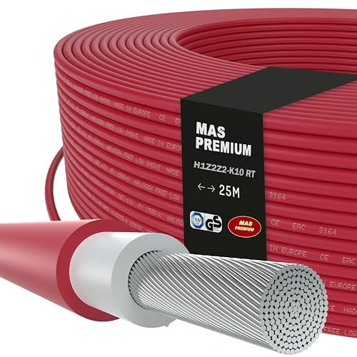 MAS Premium Solarkabel H1Z2Z2-K 4 6 10 mm² Solarleitung TÜV-2 Halogenfrei doppelt isoliert Frei bewegliche oder feste Verlegung in Photovoltaikanlagen 5-200m (H1Z2Z2-K 10, Rot, 25m)