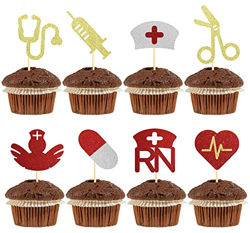 Sumerk Krankenschwester alles Gute zum Geburtstag Cupcake Toppers Glitter medizinische Krankenschwester Thema Cupcake Dekorationen RN Geburtstag Party Supplies - Packung mit 28