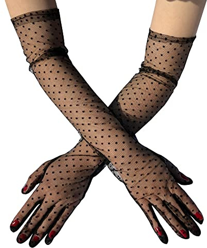 Damen Lange Tüll Handschuhe,Halloween Handschuhe Stulpen Elegante Fishnet Netzhandschuhe Sonnenschutz Handschuhe Ellenbogen Lange Opern Party Handschuhe Dinner Party 1980er Wear Partykleidung,Schwarz