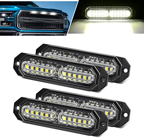 OPP ULITE 4Pcs 12 LEDs Emergency Strobe Lights White Hazard Beacon Warning Signal Lights 23 Flashing Mode Super Bright Flashing Work Light Bar for Car Vehicle SUV Truck Trailer Boat Van 12V 24V (02-W)