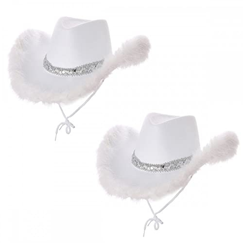 A2ZFD Adult Texan Cowgirl Hat - White with Sequins & Marabou Feather 2 PACK : Ladies Hen Do Wild West Rodeo Fancy Dress Accessory
