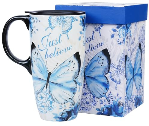 Topadorn Butterfly Ceramic Travel Mug with Lid 17 oz | Microwave & Dishwasher Safe, Cup Holder Friendly, Large Coffee Tea Cup with Handle, Commute Office Home Use, Gift-Ready Box