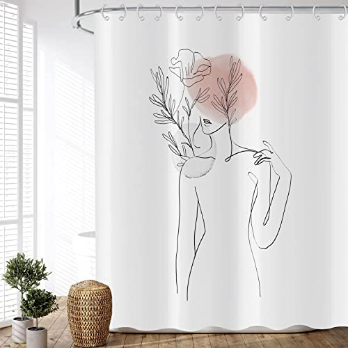 ASDCXZ Duschvorhang Boho Style 180x200 cm, Modern Abstrakt Kunst Minimalismus Mädchen Körper Kurve Blume Blätter Waschbar Duschvorhänge Textil Wasserdicht Duschvorhang für Badewanne mit 12 Haken