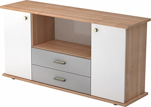 bümö Sideboard Ahorn mit Flügeltüren & Regal - Büromöbel Sideboard mit Schubladen Holz 166cm breit, 45cm schmal, Büro Schrank für Flur oder als Wohnzimmer-Kommode mit Streifengriff