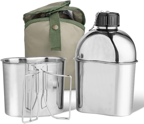 Afranti Bouteille d'eau militaire portable en acier inoxydable de 1,2 L avec tasse et manches de 0,6 l pour la randonnée, le camping, l'escalade et la plupart des activités de plein air