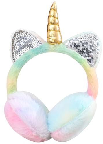 IHCEMIH Ear Muffs Girls Women Earmuffs Fluffy Plush Adjustable Unicorn Sequins Cat Earmuff Winter Accessories Ear Warmers Running Skiing Ears Covers Protectors from Wind Cold Outdoor Gift for Children