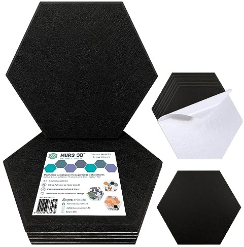 MURS 3D | Panneaux Acoustiques - Dalles Adhésives Hexagonales - Haute Densité 180KG/m³ - Mousse Anti bruit, Panneau acoustique - Isolation Mur, Plafond | 6 Plaques de 300x260x9mm (Noir Lisse)