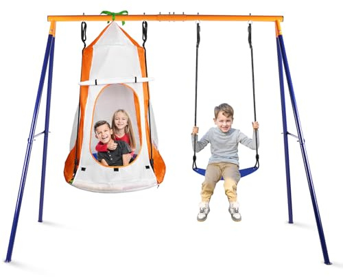 Lunafun Swing Sets for Backyard, 1 Detachable Hanging Tent Saucer Swing and 1 Belt Swings Seat, 440lbs Heavy-Duty Metal A-Frame 3 Ways to Play