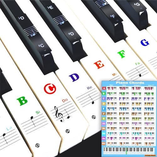 Klaviertastatur-Aufkleber mit Klavier-Akkord-Diagramm, für 88/61/54/49 Tasten, Notenbuchstaben, Etiketten für Anfänger und junge Kinder (Farbige Aufkleber + Akkorddiagramme)
