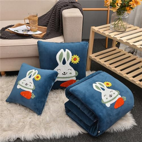 Hixingo Reisedecke und Kissen 2 in 1, Reisedecke mit Kissen Set Multifunktionale Reise Decke und Kissen 2 in 1 Weichem Flugzeug Verwandlungskissen für Urlaub, Camping (40 * 40cm,Kaninchen-Blau)