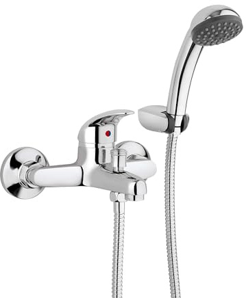 Miscelatore Monocomando per Vasca da Bagno con Supporto - Rubinetto per Vasca da Bagno con Flessibile e Doccetta, in Ottone, Cartuccia da 40mm, Cromato