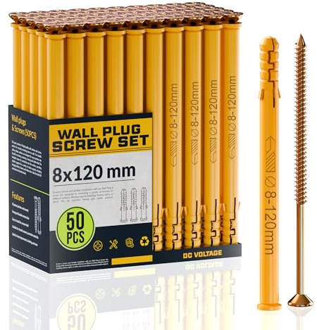 DC VOLTAGE 50pcs Wall Plugs and Screws Set 8 x 120 mm Anchor Bolts for Masonry Brick Concrete Heavy Duty Brick Concrete Fixings Plugs