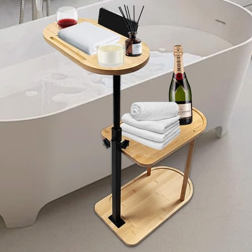 Badewannentablett mit 3 Ebenen, anhebbar, freistehend, Bambus-Badetablett für die Badewanne gegen Wandregal, Badezimmer-Organizer, Regal für Luxus-Spa, Heim-Spa, Badewannenzubehör