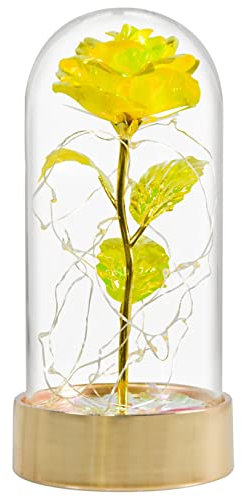Crystal Galaxy Rose in Glass Dome with LED Light, Shiny Mode Rainbow Gold Artificial Flower, Fake Flower Gifts for Her, Yellow (Yellow)