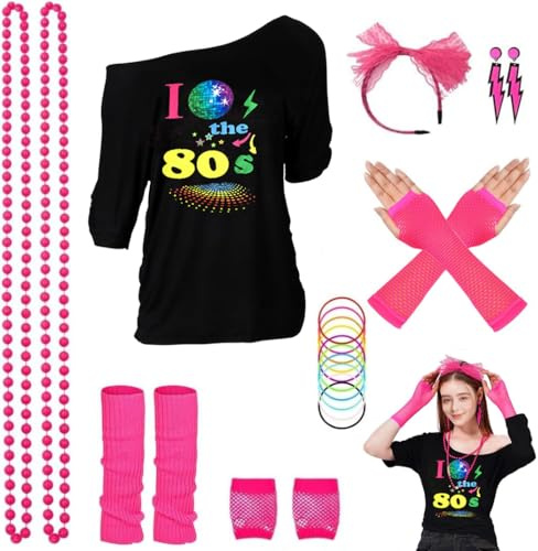 ELFIN 80er 90er Jahre Outfit Damen, T-Shirt, Stirnband, Ohrring, Halskette, Netzhandschuhe, Armband, Beinwärmer, 80er 90er Jahre Kostüm Aerobic Kleidung Mottoparty Accessoires Karneval, Schwarz-3, M