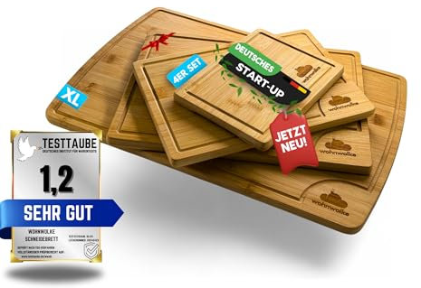 WOHNWOLKE Schneidebrett Holz 4er Set | Bambus Schneidebretter mit Saftrille & Seitengriff | Holzbrett Küche | Bambus Küchenbrett antibakteriell klein bis groß | Wooden Cutting Board Set