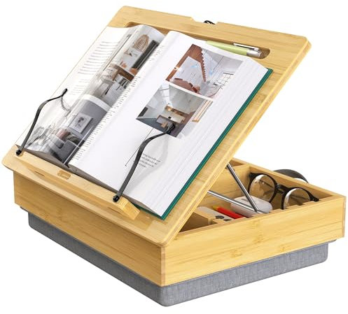 AboveTEK Book Stand for Reading with Storage, Adjustable Bamboo Book Holder with Soft Lap Cushion, Cookbook Stand, Hands-Free Book Reading Stand for Bed, Desktop & Kitchen Counter