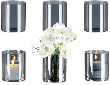 Glasseam Glasvase Zylinder Grau für Tischdeko: 6er Vase Glas für Kerzen | Glaszylinder Kerzenhalter, Rauchglas Windlicht, Vasen Set für Blumen Tulpen, Wohnzimmer, Küche, Esstisch Deko, 10 x 8,5cm