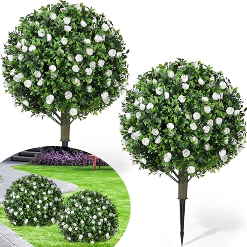 Lunmon 2 Pack 24 Artificial Topiary Ball Plants Trees with Flowers, Outdoor Fake Topiary Plants with Ground Spike, UV Resistant Faux Bushes for Indoor Outdoor Front Door Decor (White,Rose)