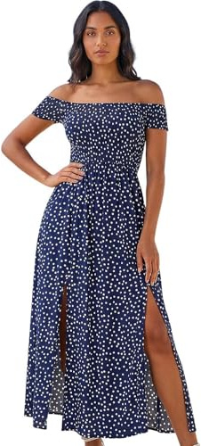Roman Originals Bardot Dress for Women UK Ladies Shirred Chest Off Shoulder Cold Shoulder Maxi Midi Summer Beach Holiday Sleeveless Garden Cocktail Party Elasticated
