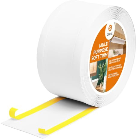 Quest Plinthe 6 en1 Multifonction 75 mm Autoadhésif - Blanc, 20 m | Moulure de finition polyvalente, cache-câbles, protection murale, sans perçage, résistante aux chocs, maison & bureau
