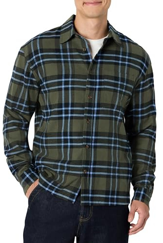 Amazon Essentials (Scelto da Demi) Camicia in Flanella a Maniche Lunghe, Vestibilità Comoda Uomo, Verde Oliva Scuro Blu Plaid Semplice, L