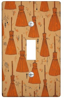 Autumn Broom Light Switch Cover Plates/Outlet Covers, Orange Witch Brooms for Fall Decor, Thermoplastic Wall Plates, Standard Size 3 Gang Wall Plate