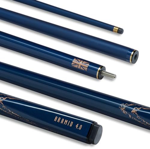 POWERGLIDE Kolfiber och glasfiber 2 delar 50/50 Joint Snooker Pool eller biljardköpinne | Ultra Smooth metallmålad högglans | 538 g | Full storlek 145 cm | 10 mm spets | blå & roséguld