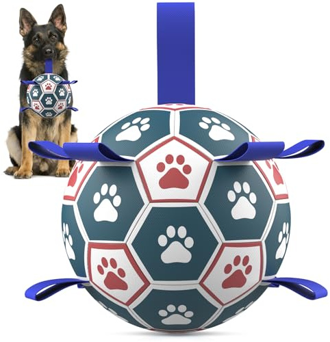 HETOO Hundeball Hundespielzeug Ball mit Griff für Hund Interaktives Schleppen von Krieg Wasser Hundebälle Spielzeug Geburtstagsgeschenk für Mittel/Große Hunde Blau Weiß (8 Zoll)