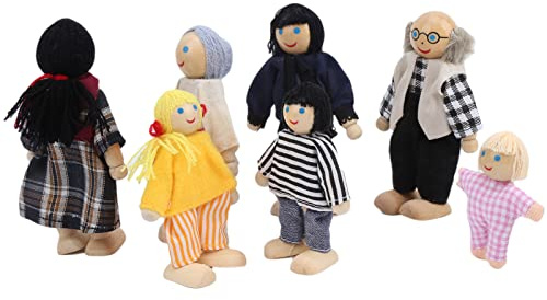 SIXRUN Set di Bambole di Famiglia, Wood Family Doll House Playset - Nonno, Nonna, Mamma, papà, Sorella, Fratello, Figure per la Casa delle Bambole per Bambini con Arti Flessibili Ispirare (Nuovo