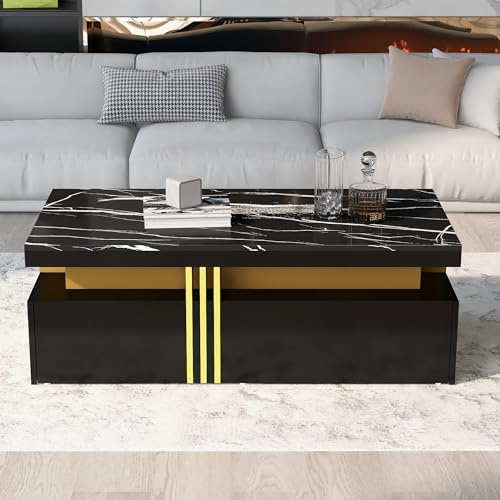 FammyLoft Couchtisch mit Hochglanzplatte, Moderner Rechteckiger Coffee Table, Couch Tisch mit 2 Holzschubladen, Marmorierte Tischplatte, für Wohnzimmer, Sofatisch, 100 * 50 * 40 cm, Schwarz