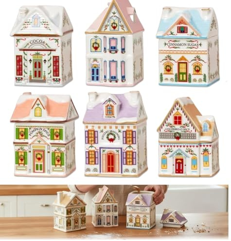 CHANGYUE Holiday Village Spice House Set, Gingerbread House Spice Jars, 6pcs Christmas Village Houses, Xmas Kitchen Countertop Decor with Spices Jars with Label for Cinnamon, Sugar & Cocoa,