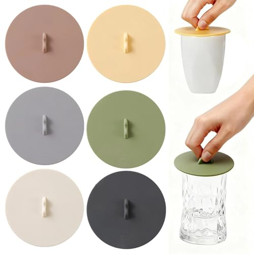 MYLERCT 6 Piezas Tapas de Silicona Para Vasos, Cubierta Cristal Silicona | 10 cm Antipolvo Tapas para Vasos, a Prueba de Fugas, con Asa y Ranura Para Pala, 6 Colores, para Café, Té y Agua