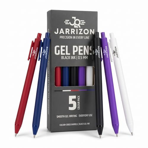 JARRIZON Gel Pens Black Ink 5 Pack – Smooth Writing Pens 0.5mm Fine Tip, Quick Dry No Smudge Pens, Silicone Grip Retractable Pens for School, Office, Journaling & Everyday Use