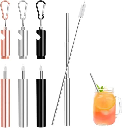 Pajitas de Acero Inoxidable Plegables, 3Pcs Pajitas Telescópicas Reutilizables 10-22.5cm, Pajitas de Metal Portátiles con Estuche Mosquetón y Cepillo Limpiador, para Viaje, Trabajo o Casa