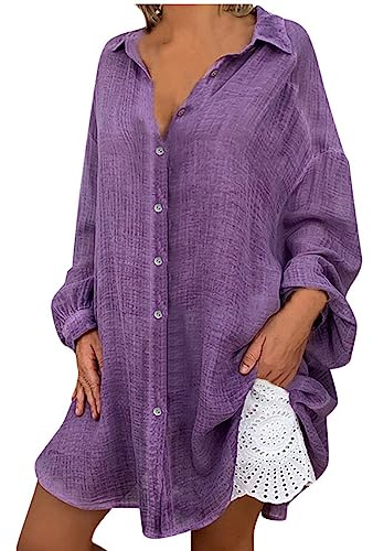Flodxo Linen Shirt Women Long Sleeve Oversized Summer Tops Plus Size Long T Shirts Casual Button Up Longline Tunic Tops Holiday Hawaii Beach Cover Up V Neck Ladies Blouses Office Work